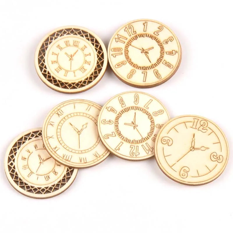 8pcs Mixed roundness clock Pattern Wooden Scrapbooking wood decoration for Handmade Accessory Sewing Home Decoration m2144 Qme