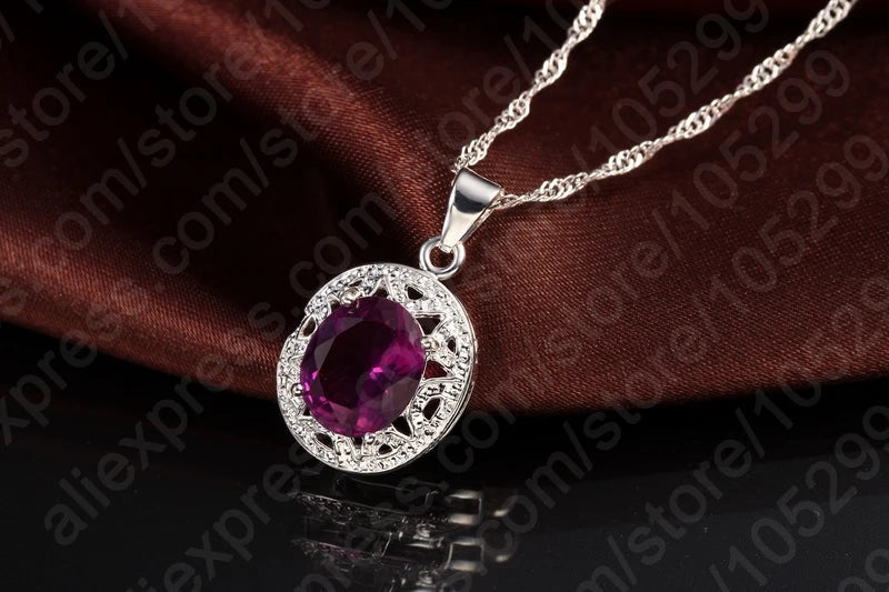 Elegant Women 925 Sterling Silver Color Purple Crystal Pendants Necklaces Earring Ring Set for Wedding Engagement Jewelry Gift Qme