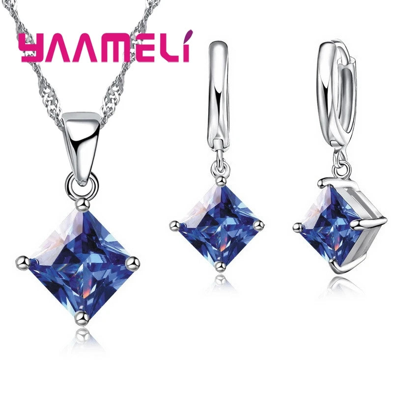 New Fashion Women Pendants Necklace Simple Geometry Square Earrings Crystal 925 Sterling Silver Color Jewelry Sets for Wedding Qme