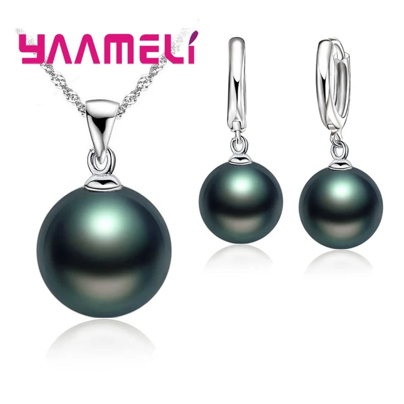 Smooth Women Wedding Jewelry Sets 925 Sterling Silver Color Pearl Necklace Hoop Earrings Fashion Jewellery Gift Accessories Qme