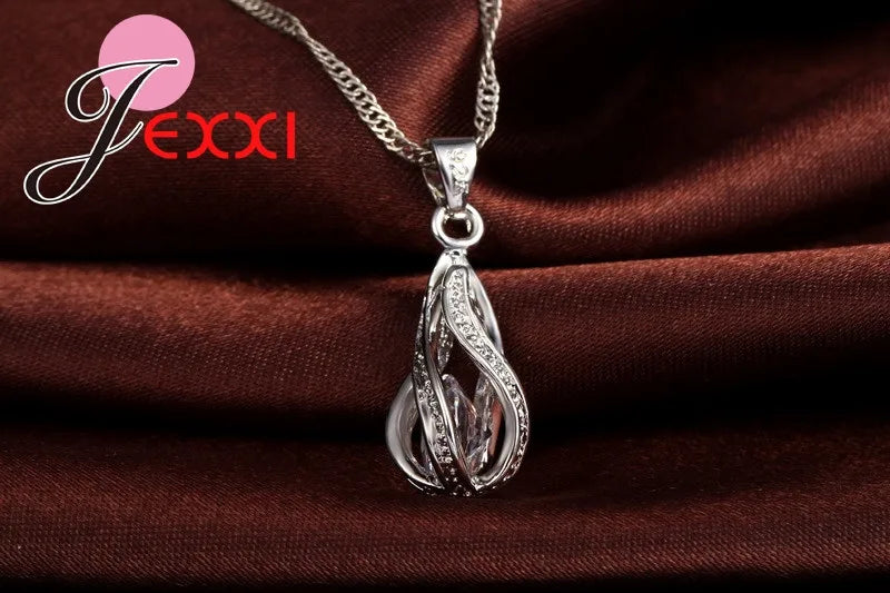 Hot Water Drop CZ 925 Sterling Silver Plated Jewelry Set For Women Pendant Necklace Hoop Earrings Wedding Party Ceremoey Anel Qme