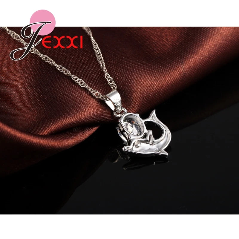 Fashion Austrian Crystal Jewelry Set 925 Sterling Silver Color Sweet Dolphin Pendant Necklace Loop Earrings Sets for Women Qme