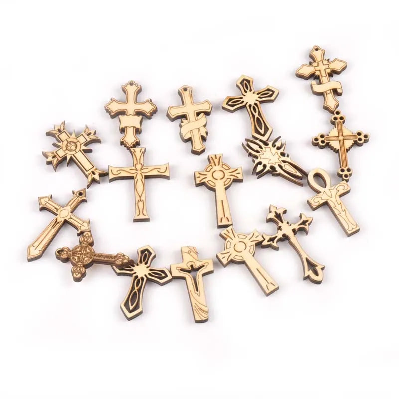 New 10pcs Mixture Retro Cross Wooden Ornaments Pattern Scrapbooking Crafts DIY Wood For Home Decoration Embellishments m2163 Qme