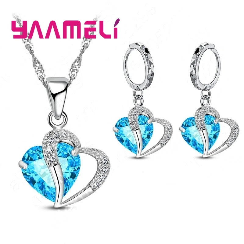 Bridal Jewelry Set Heart CZ Crystal 925 Sterling Silver Color Pendant Necklace Earrings for Women Wedding Anniversary Gifts Qme