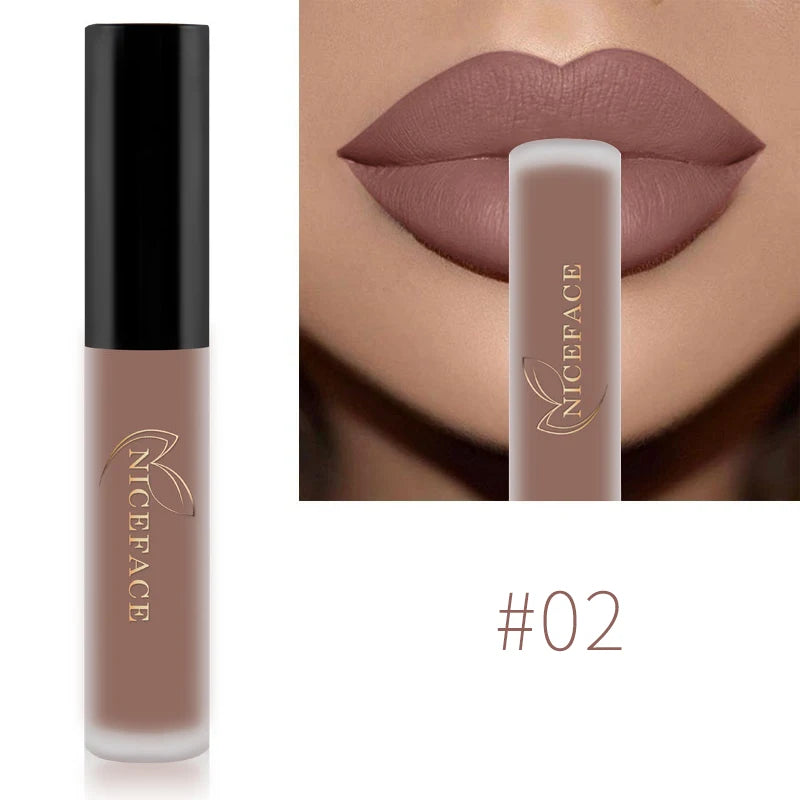 NICEFACE Nude Liquid Lipsticks Waterproof Velvet Matte Lip Gloss Long Lasting Non-stick Cup Lip Tint Makeup Pigment Cosmetics Qme 02