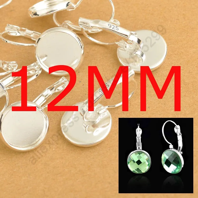 8-10-12-14-16-18-20-25MM 925 Sterling Silver Color Jewelry Findings Flat Disco Cabochon Cameo Settings Earring French Lever Back Qme 12mm