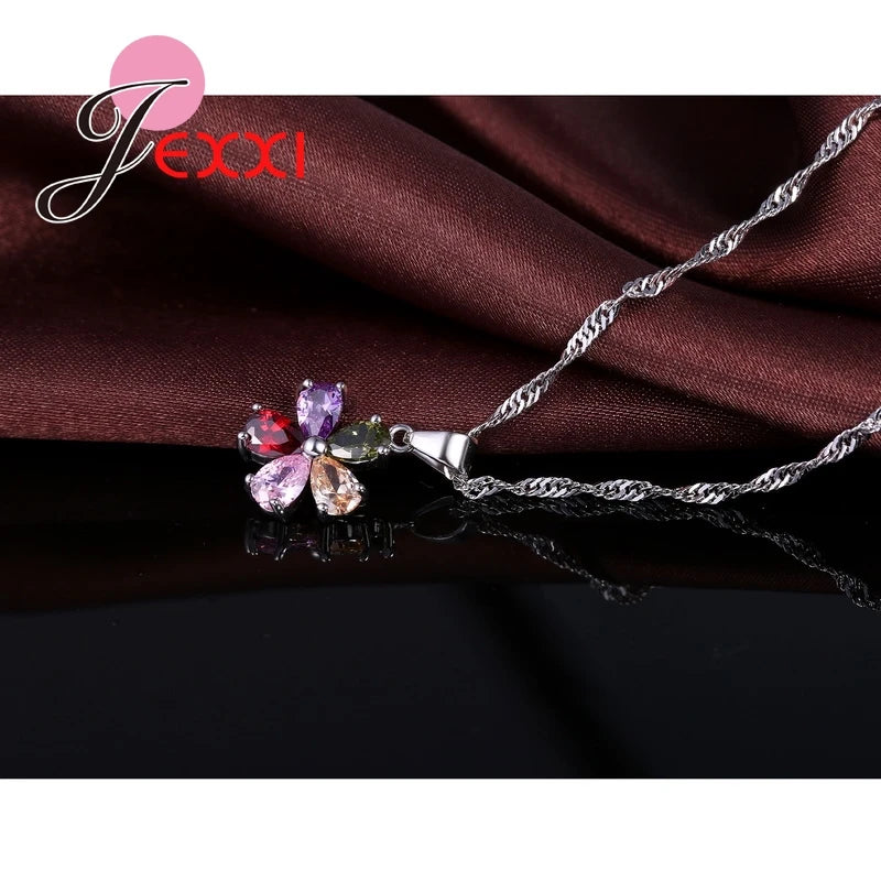 Flowers Shinning Colorful CZ Crystal Pendant Jewelry Sets Gift 925 Sterling Silver Color Necklace Dangle Hoop Earring Qme