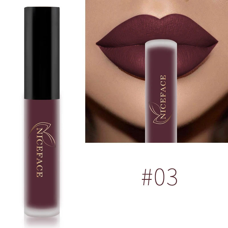 NICEFACE Matte Liquid Lipstick Waterproof Long Lasting Lip Gloss Tint Sexy Red Nude Purple Metallic Lipsticks Makeup Cosmetics Qme 03