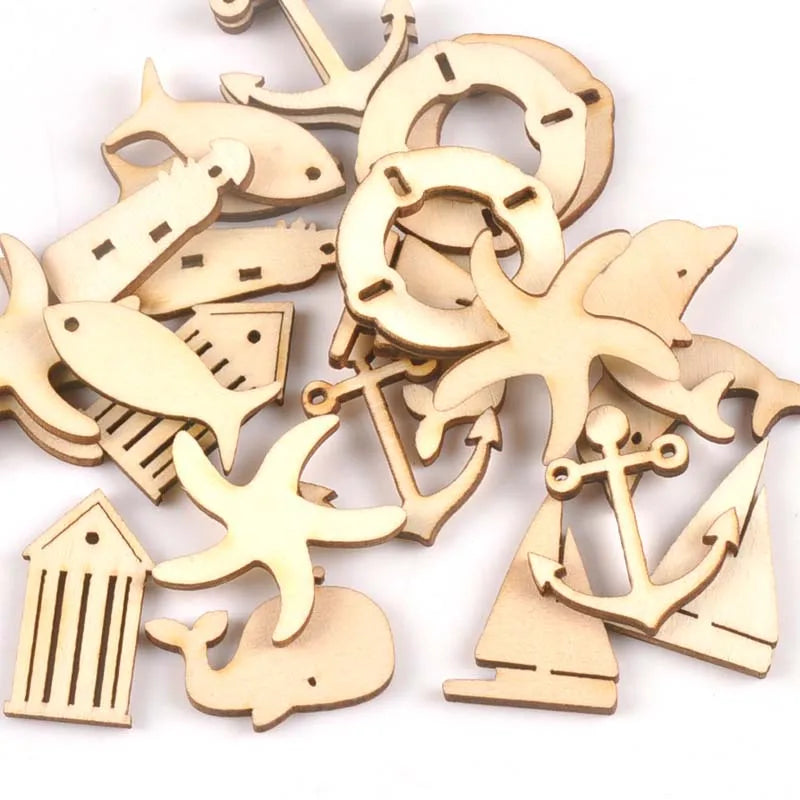 27-31mm Mixed Wooden Ornament Dolphin/starfish/whale/anchor/sailboat Pattern Wood For Scrapbook DIY Carft Home Decor 20pcs m2153 Qme