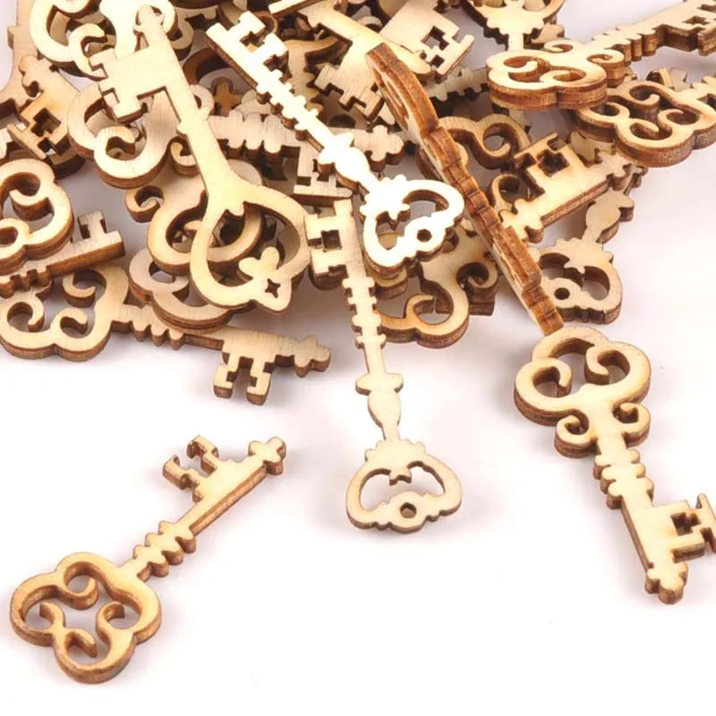 25Pcs Wooden Ornament Mixed Key Pattern DIY Crafts Home Decoration Scrapbooking Unfinished Wood Slices Accessories 16x36mm m1773 Qme