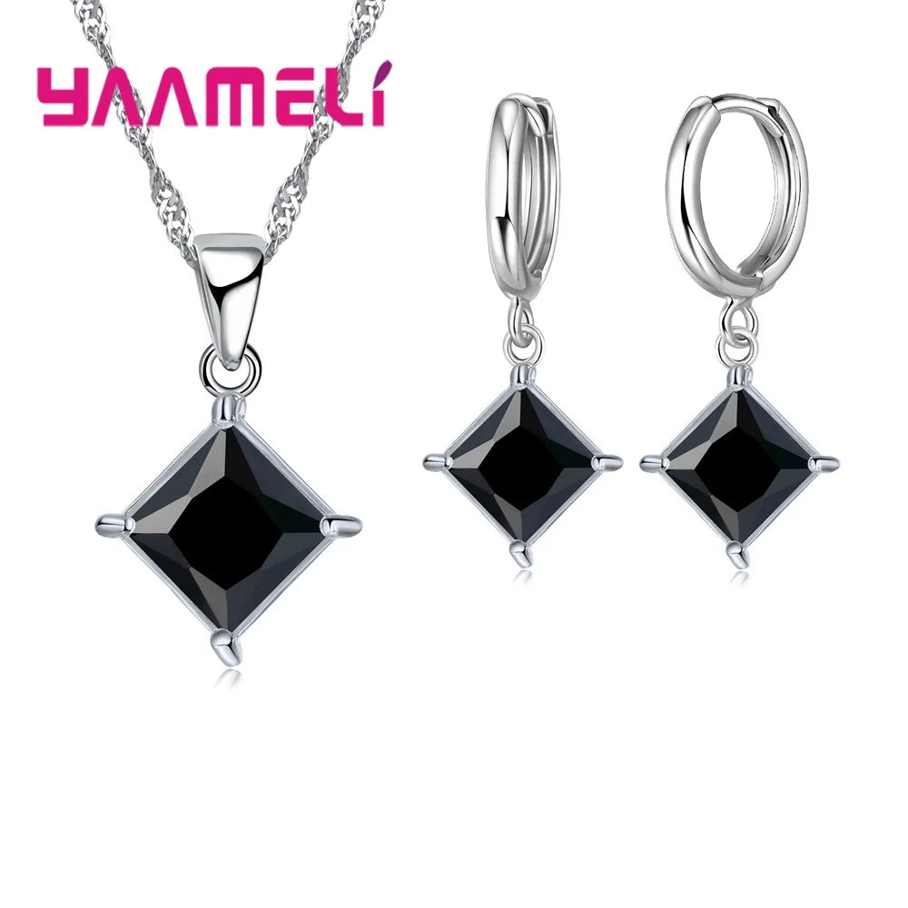 Authentic 925 Sterling Silver Color CZ Geometric Classic Square Huggie Earrings Necklace Sets for Women Fine Jewelry Qme Black