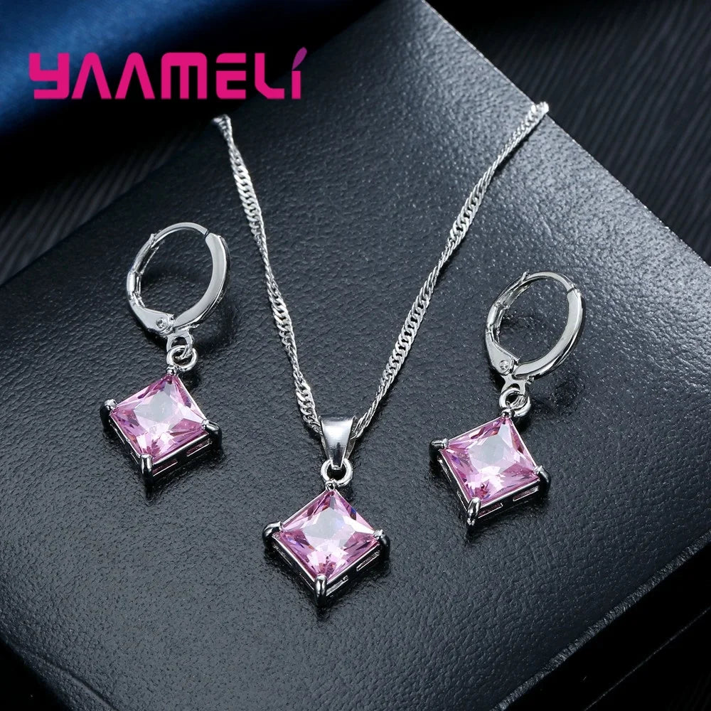 Authentic 925 Sterling Silver Color CZ Geometric Classic Square Huggie Earrings Necklace Sets for Women Fine Jewelry Qme