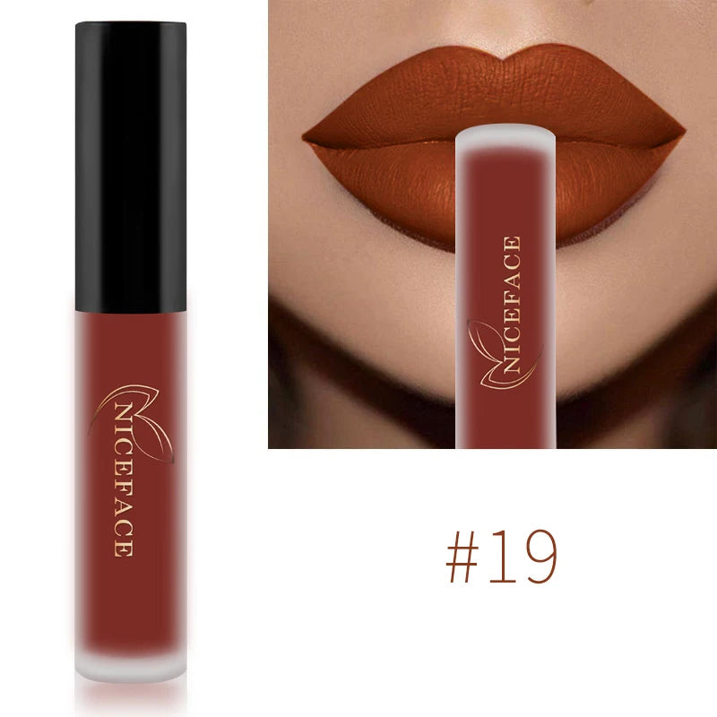 NICEFACE Nude Liquid Lipsticks Waterproof Velvet Matte Lip Gloss Long Lasting Non-stick Cup Lip Tint Makeup Pigment Cosmetics Qme 19
