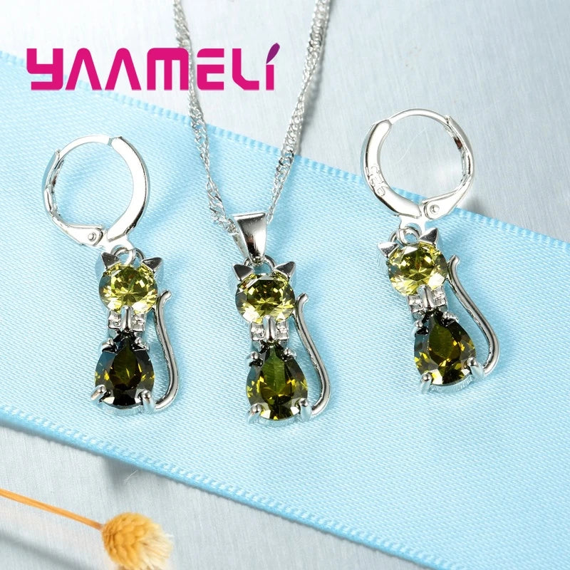 Real 925 Sterling Silver Color Jewelry Sets for Woman Girls Shining Austrian Crystal Cute Cat Pendant Necklace Huggie Earring Qme