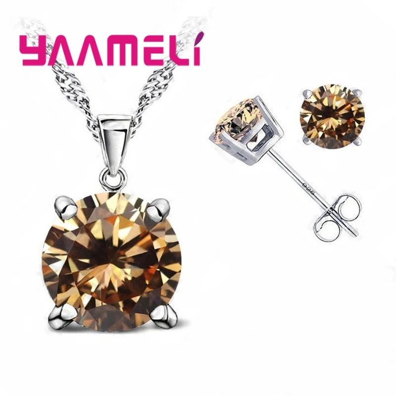 Fast Shipping 925 Serling Silver Color Shiny Cubic Zirconia Necklace Pendant Earrings Women Big Round Crystal Jewelry Sets Qme