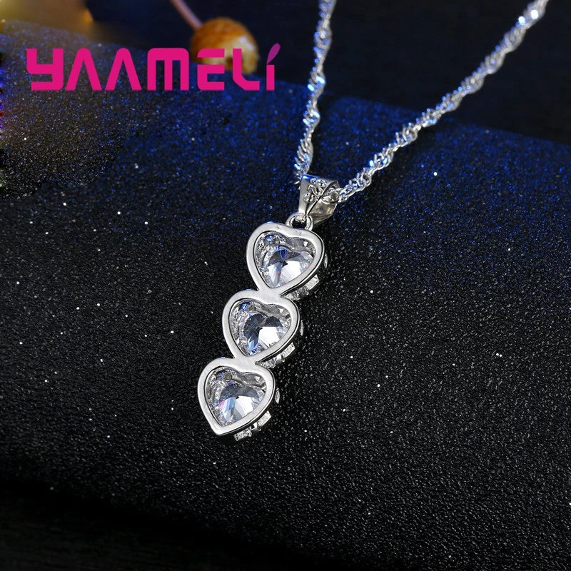 Romantic Gifts Jewelry Sets Shiny 925 Sterling Silver Color CZ Crystal Hearts Cubic Zircon Stones Pendant Necklace Earrings Qme