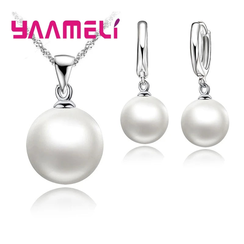 Smooth Women Wedding Jewelry Sets 925 Sterling Silver Color Pearl Necklace Hoop Earrings Fashion Jewellery Gift Accessories Qme White