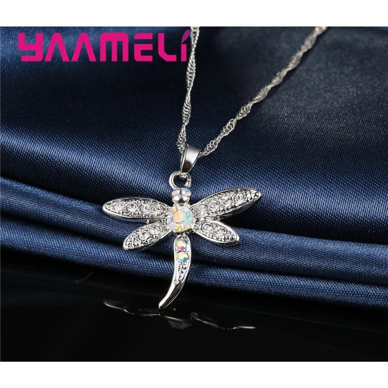 Women's Glitter Colored Cubic Zirconia Necklace And Earrings Set Dragonfly Design 925 Sterling Silver Color Jewelry for Girls Qme