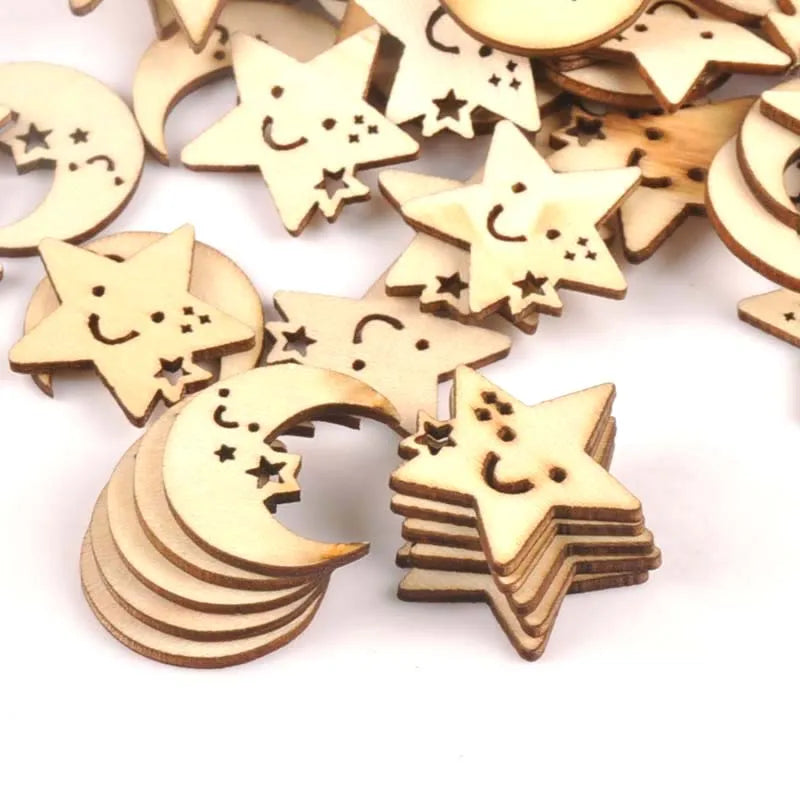 24-27mm 25Pcs Wooden Ornament Moon And Star Pattern For DIY Crafts Scrapbook Accessories Handmade Wood Slices Home Decor M1704 Qme Default Title