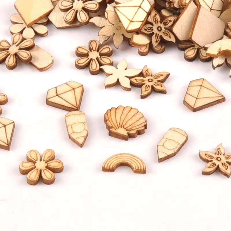 100Pcs Mini Mixed Shaped Wood DIY Crafts For Handmade Accessory Wooden Scrapbooking Embellishments Decor 5-12mm m1674 Qme