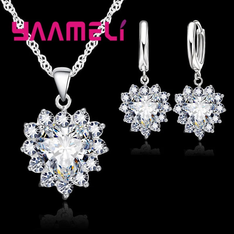 Trendy Jewelry Set for Women 925 Sterling Silver Color Heart CZ Stone Charm Pendants Necklaces Earrings LOVE Anniversary Gift Qme