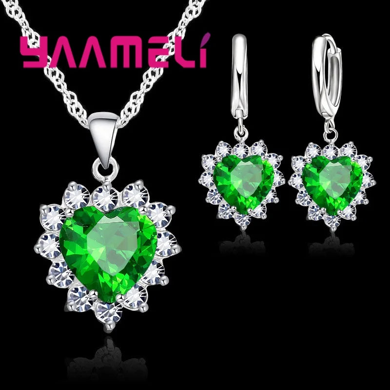 Trendy Jewelry Set for Women 925 Sterling Silver Color Heart CZ Stone Charm Pendants Necklaces Earrings LOVE Anniversary Gift Qme Green