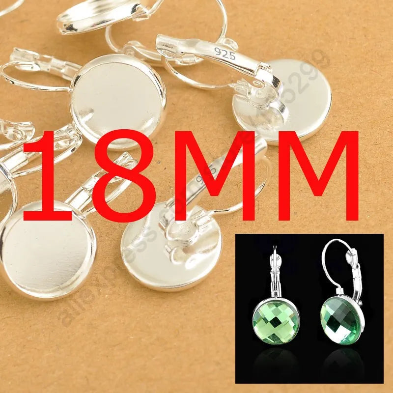 8-10-12-14-16-18-20-25MM 925 Sterling Silver Color Jewelry Findings Flat Disco Cabochon Cameo Settings Earring French Lever Back Qme 18mm