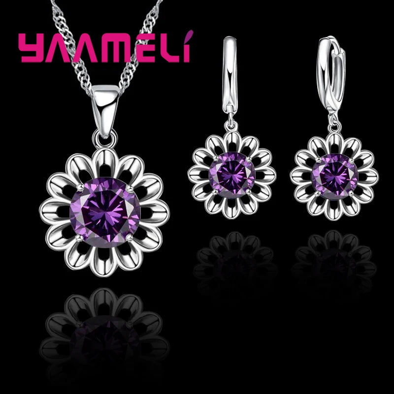 New Fashion Wedding Jewelry Set Women Top Quality 925 Sterling Silver Color Crystal Pendant Necklace Hoop Earring Big Promotion Qme