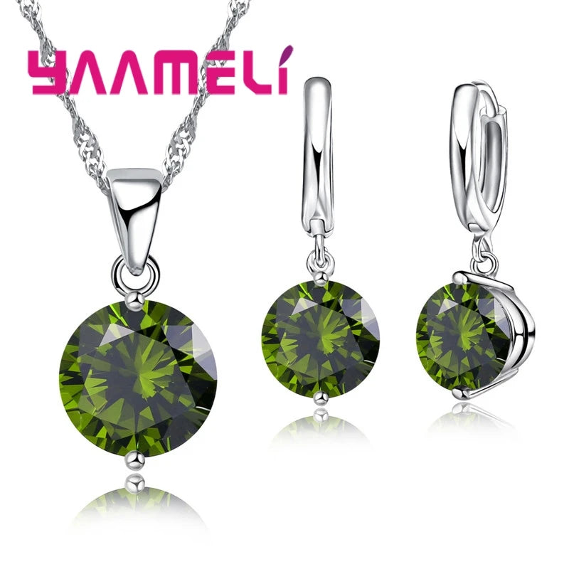 925 Sterling Silver Color Pendant Necklace Huggie Earrings Sets for Wedding Engagement Austrian CZ Crystal Women Girl Gifts Qme
