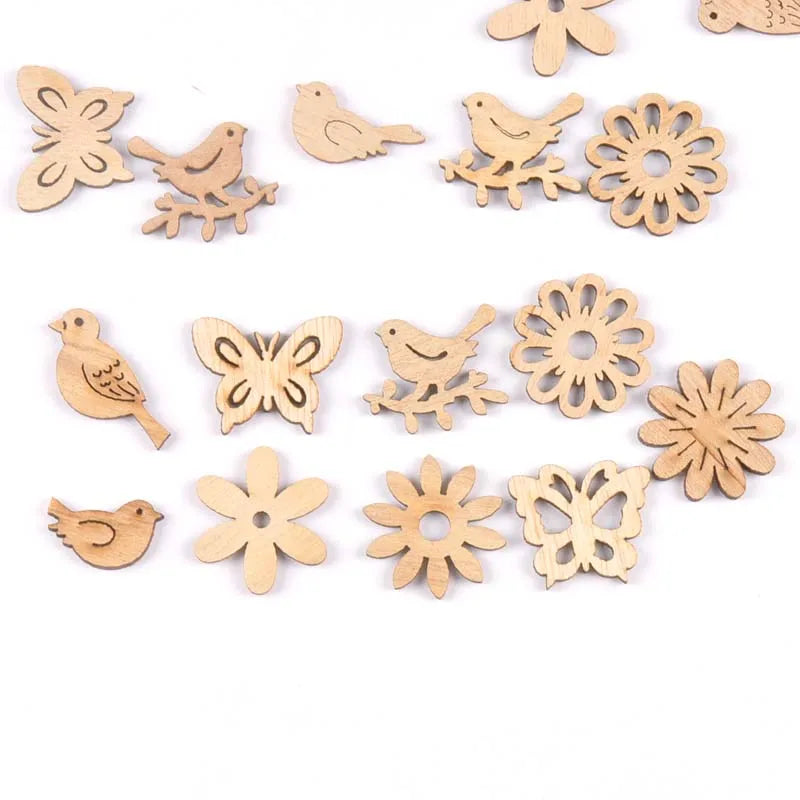 50pcs 22-30mm Natural Wood Crafts Butterflies and birds DIY Scrapbooking For Wooden Ornament Home Decoration m2504 Qme