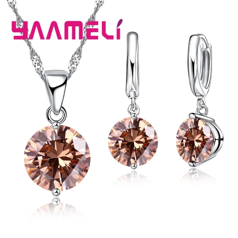 925 Sterling Silver Color Pendant Necklace Huggie Earrings Sets for Wedding Engagement Austrian CZ Crystal Women Girl Gifts Qme