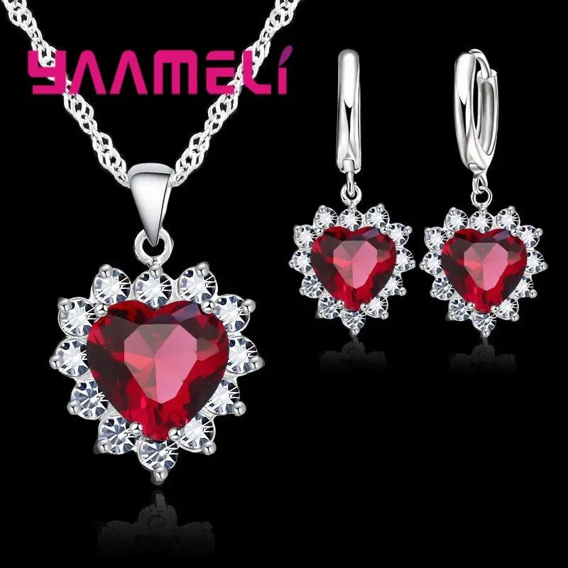 Trendy Jewelry Set for Women 925 Sterling Silver Color Heart CZ Stone Charm Pendants Necklaces Earrings LOVE Anniversary Gift Qme