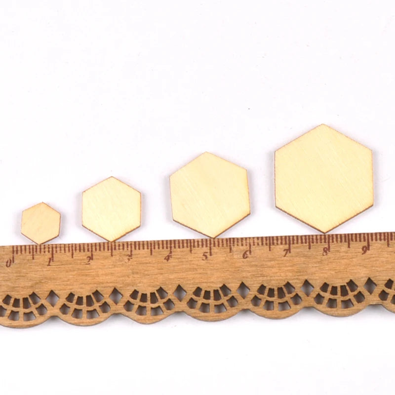100pcs Wooden Crafts Hexagonal Pieces Scrapbooking Crafts wood decoration for Home Decoration 10-25mm m2132 Qme