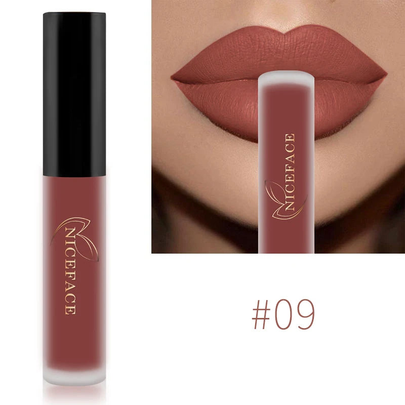 NICEFACE Nude Liquid Lipsticks Waterproof Velvet Matte Lip Gloss Long Lasting Non-stick Cup Lip Tint Makeup Pigment Cosmetics Qme 09