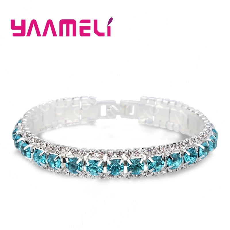 Top Sale 925 Stamp Silver Color Bracelets Full AAA Zircon Austrian Crystal Femme Women Link Chain Jewelry Bangles 14 Colors Qme Sky blue
