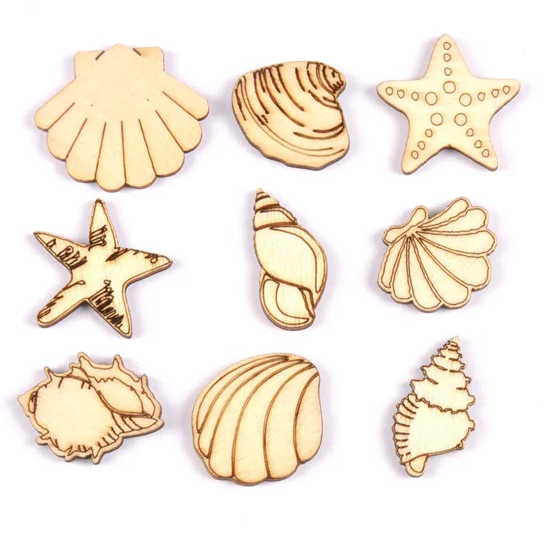 20pcs 25-35mm Seashell/starfish Pattern Natural Wood DIY Crafts Home Decor Scrapbooking Unfinished Wooden Ornaments m1935 Qme