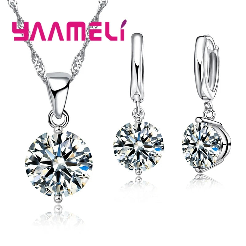 925 Sterling Silver Color Pendant Necklace Huggie Earrings Sets for Wedding Engagement Austrian CZ Crystal Women Girl Gifts Qme White