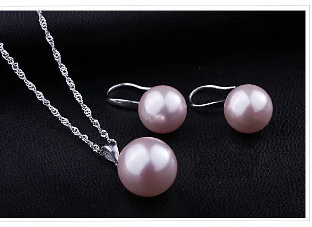 Elegant Bridal Jewely Set Pure Genuine 925 Sterling Silver Color White Pink Pearl Pendant Necklace Earring Women Party Gift Qme