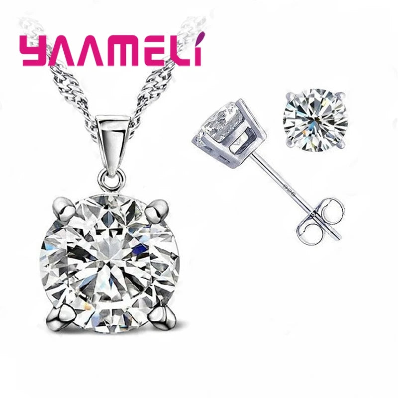Fast Shipping 925 Serling Silver Color Shiny Cubic Zirconia Necklace Pendant Earrings Women Big Round Crystal Jewelry Sets Qme