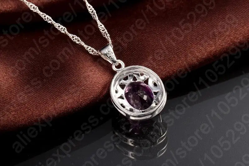 Elegant Women 925 Sterling Silver Color Purple Crystal Pendants Necklaces Earring Ring Set for Wedding Engagement Jewelry Gift Qme