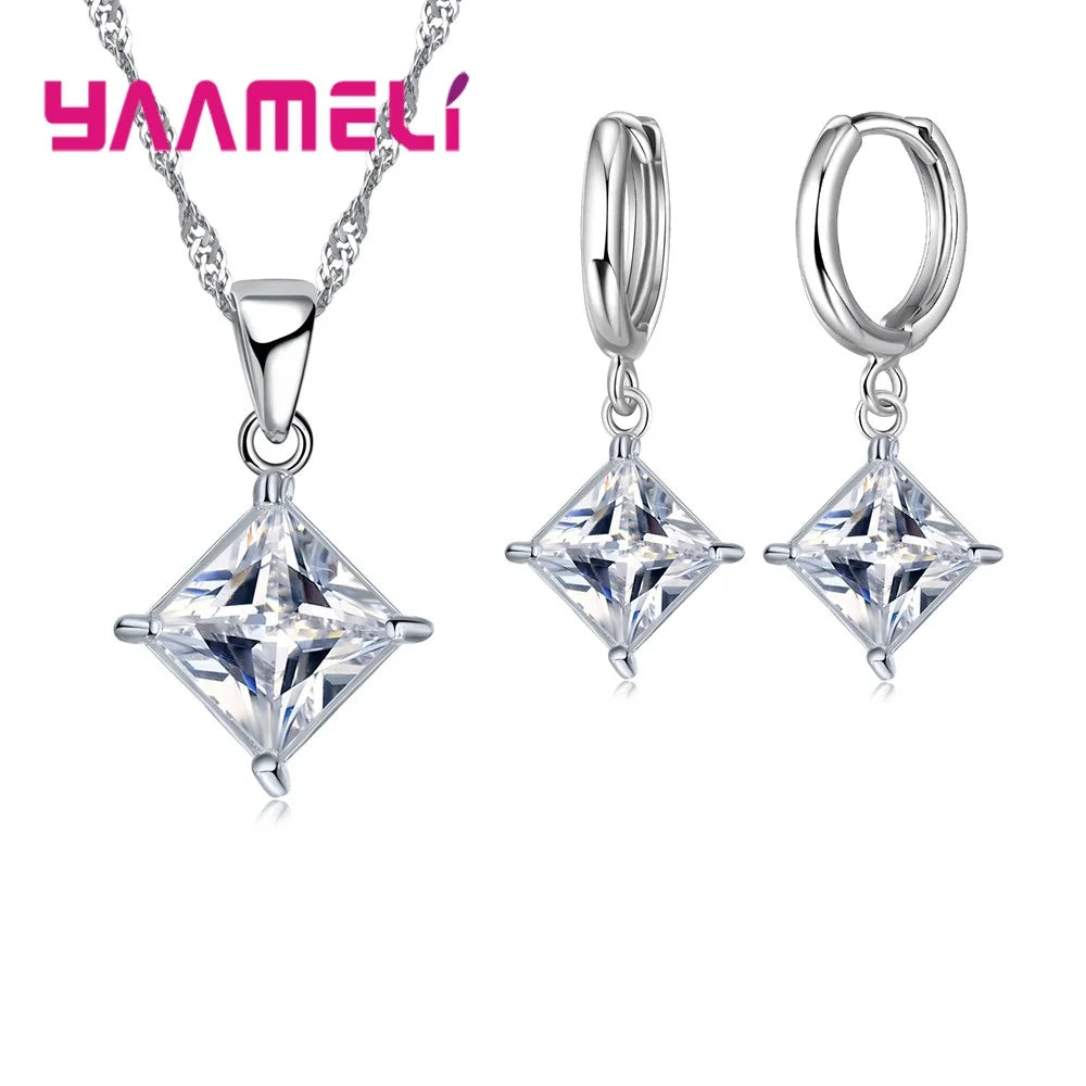 Authentic 925 Sterling Silver Color CZ Geometric Classic Square Huggie Earrings Necklace Sets for Women Fine Jewelry Qme White