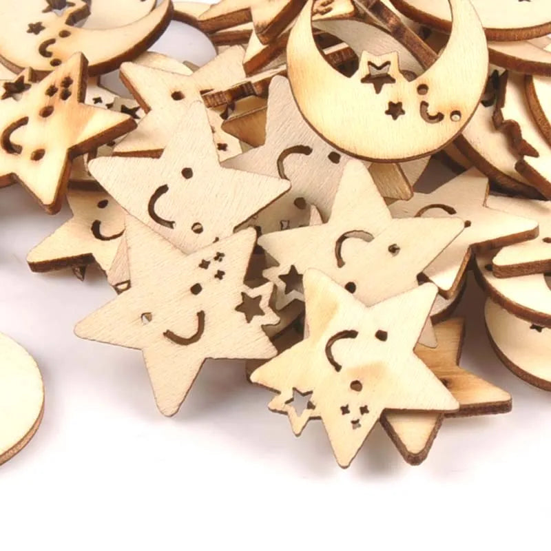 24-27mm 25Pcs Wooden Ornament Moon And Star Pattern For DIY Crafts Scrapbook Accessories Handmade Wood Slices Home Decor M1704 Qme