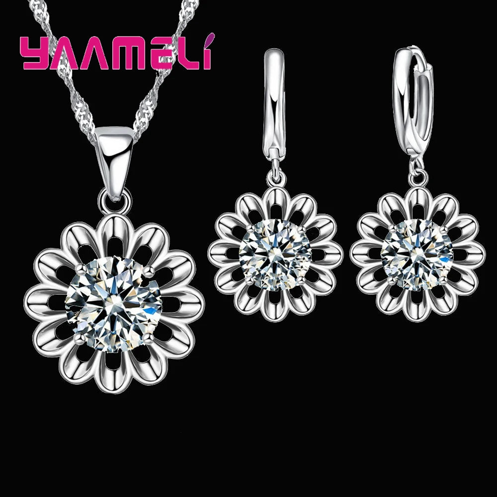 New Fashion Wedding Jewelry Set Women Top Quality 925 Sterling Silver Color Crystal Pendant Necklace Hoop Earring Big Promotion Qme