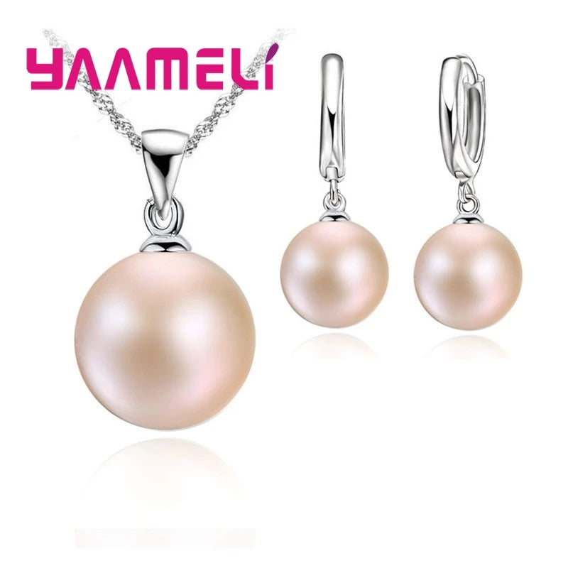 Smooth Women Wedding Jewelry Sets 925 Sterling Silver Color Pearl Necklace Hoop Earrings Fashion Jewellery Gift Accessories Qme Pink