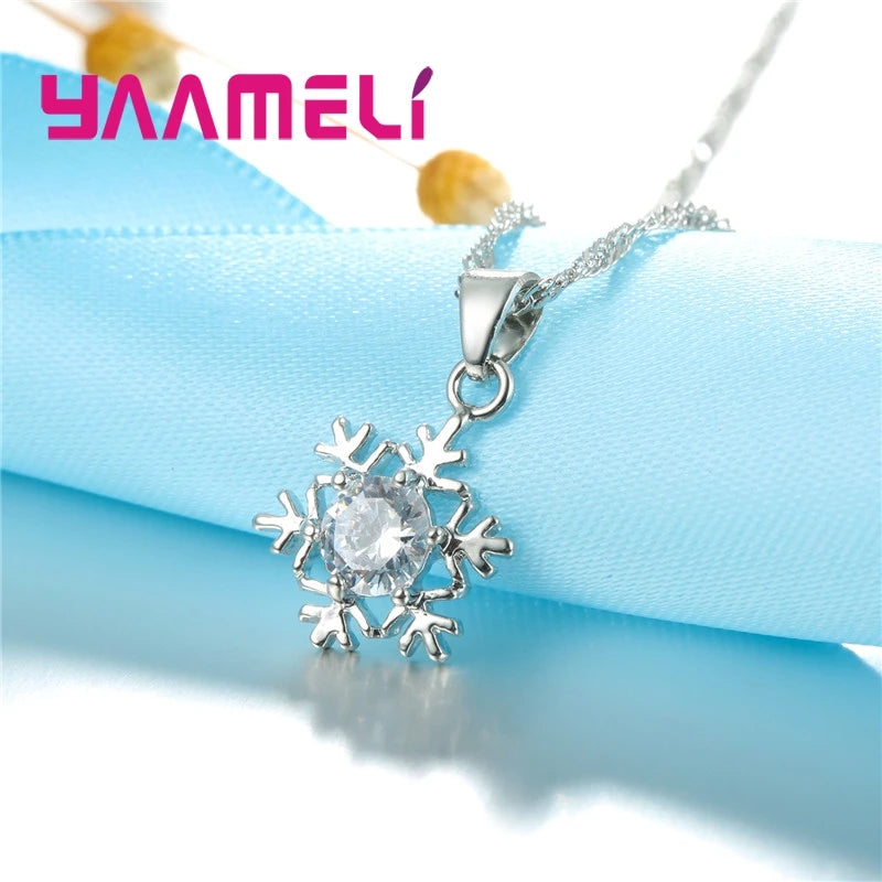 Qualified Snowflake Women 925 Sterling Silver Color Jewelry Set Zircon CZ Crystal Pendant Necklace Earrings Party Gift Qme