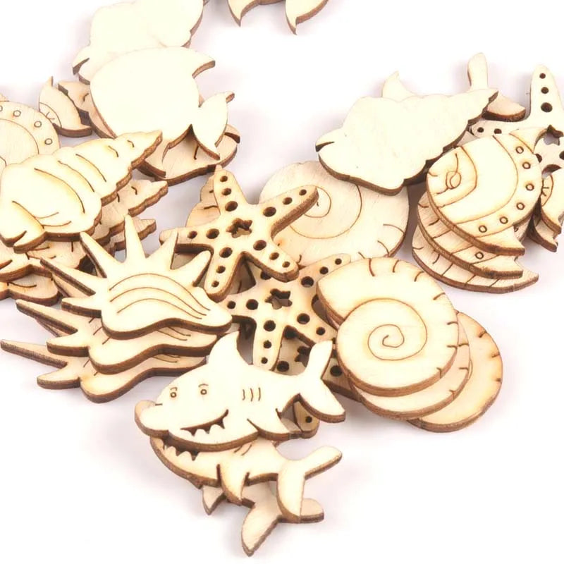 25pcs Wooden Crafts creativity Starfish shells and fish Pattern Scrapbooking Crafts wood decoration for Home Decoration m1806x Qme Default Title