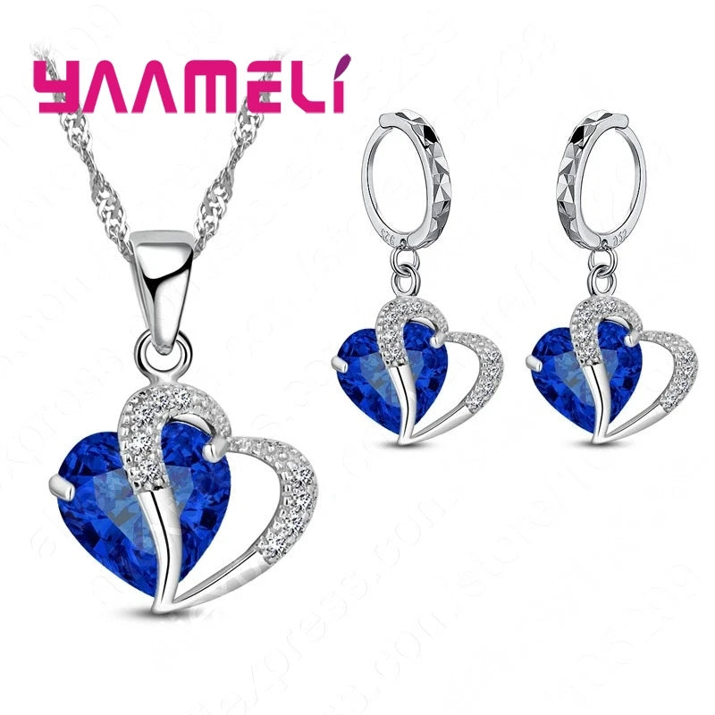 Bridal Jewelry Set Heart CZ Crystal 925 Sterling Silver Color Pendant Necklace Earrings for Women Wedding Anniversary Gifts Qme Dark Blue
