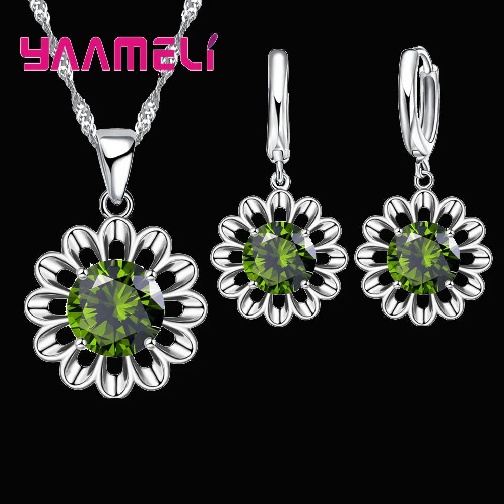 New Fashion Wedding Jewelry Set Women Top Quality 925 Sterling Silver Color Crystal Pendant Necklace Hoop Earring Big Promotion Qme