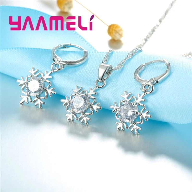 Qualified Snowflake Women 925 Sterling Silver Color Jewelry Set Zircon CZ Crystal Pendant Necklace Earrings Party Gift Qme