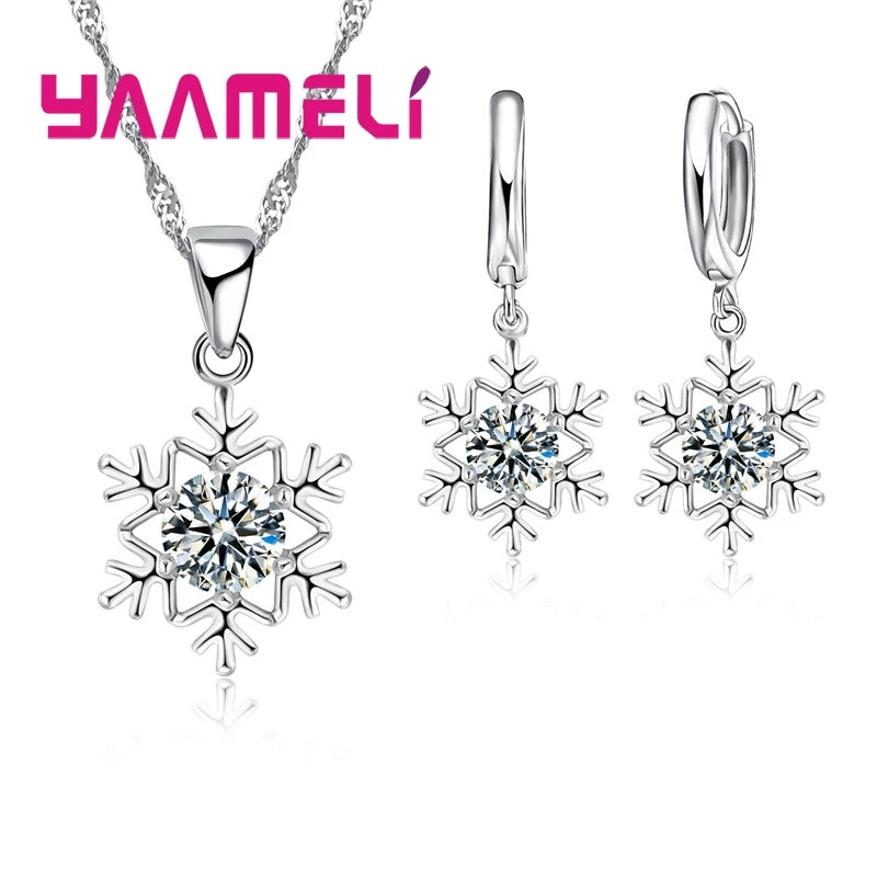 Qualified Snowflake Women 925 Sterling Silver Color Jewelry Set Zircon CZ Crystal Pendant Necklace Earrings Party Gift Qme Default Title